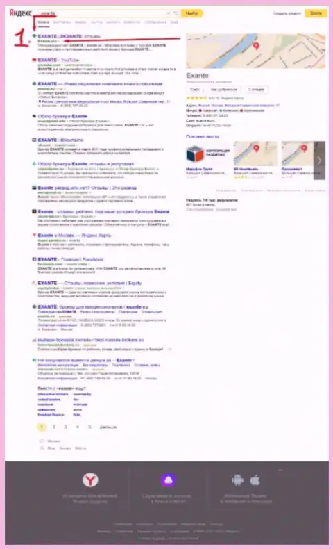 Сайт Exante Pro с публикацией о мошенниках ЕКСАНТЕ на первой строке выдачи в Яндекс