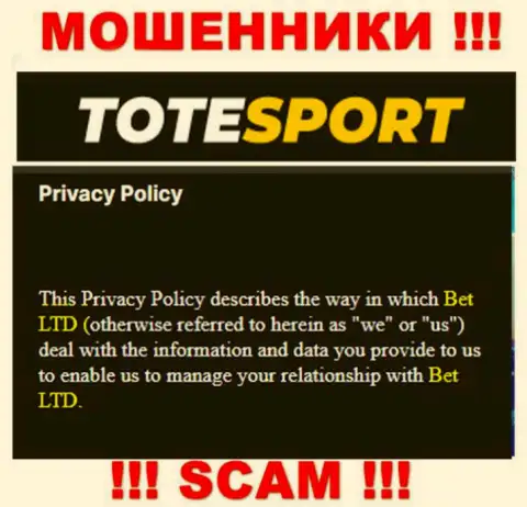ToteSport - юридическое лицо интернет кидал компания BET Ltd