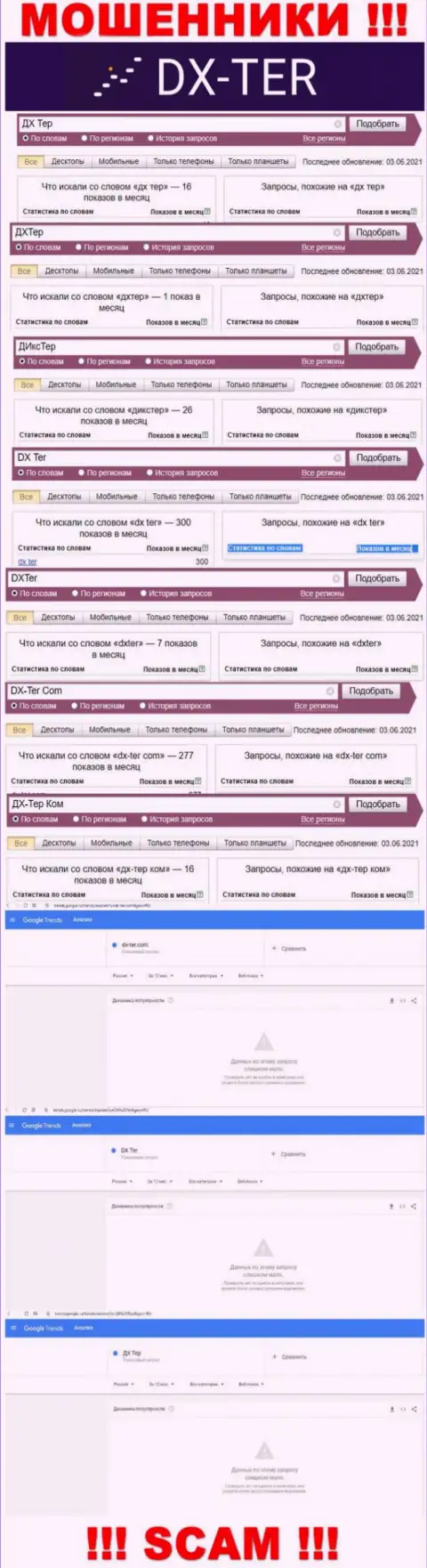 Статистические показатели поисков данных о internet мошенниках DX-Ter Com