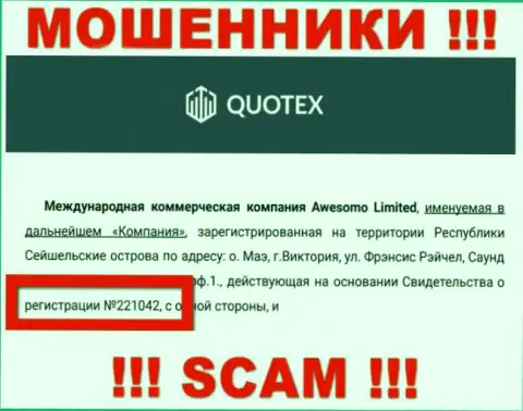 Организация Quotex засветила свой номер регистрации у себя на официальном сайте - 221042