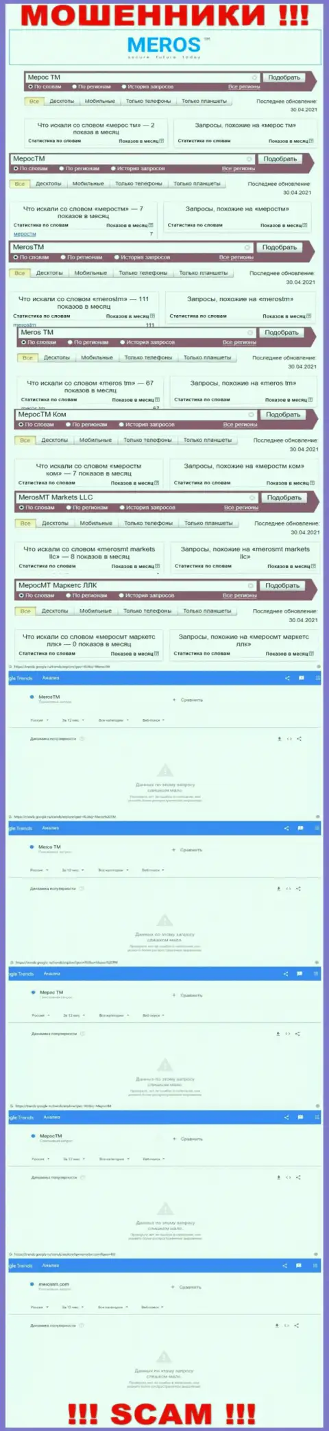 Детальная инфа по суммарному числу онлайн-запросов по мошенникам МеросТМ Ком во всемирной сети internet