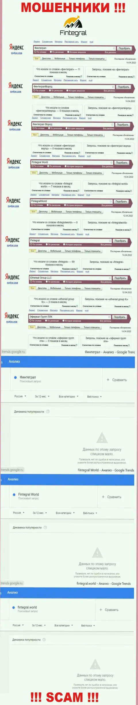 Статистические данные по брендовым онлайн запросам по шулерам Fintegral в глобальной интернет сети