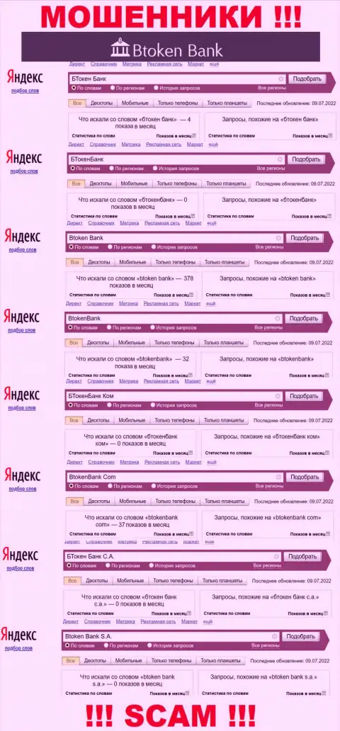 Статистические данные о запросах в поисковиках глобальной сети internet инфы о конторе Btoken Bank