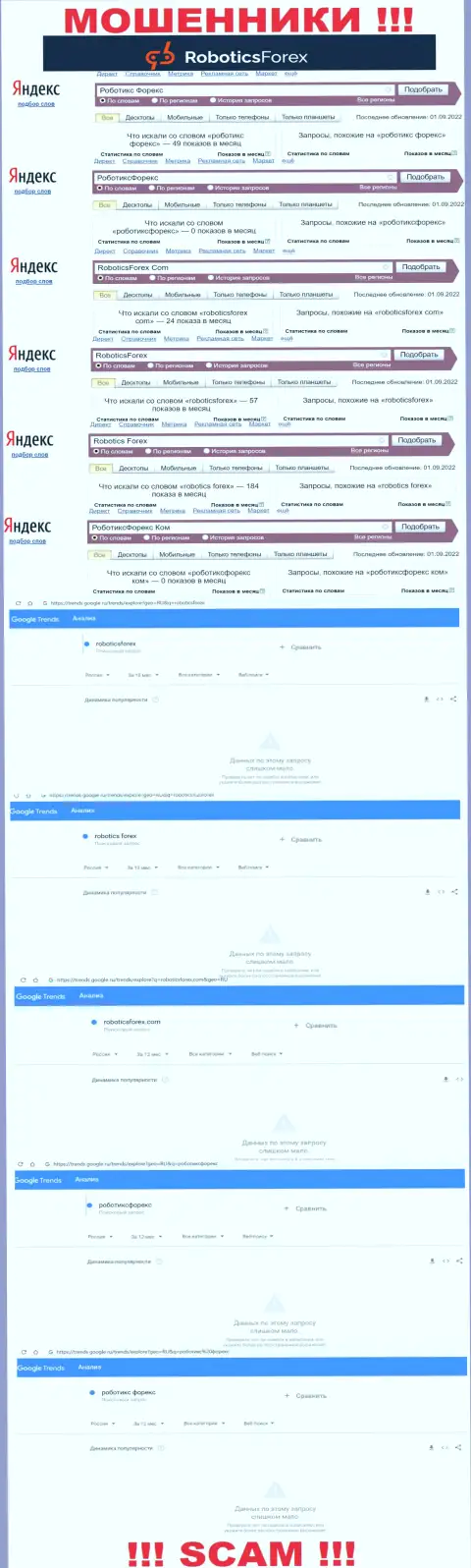 Информация о брендовых запросах в отношении интернет махинаторов Robotics Forex