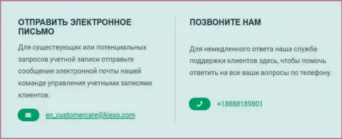 Контактный номер телефона и e-mail брокерской организации Kiexo Com
