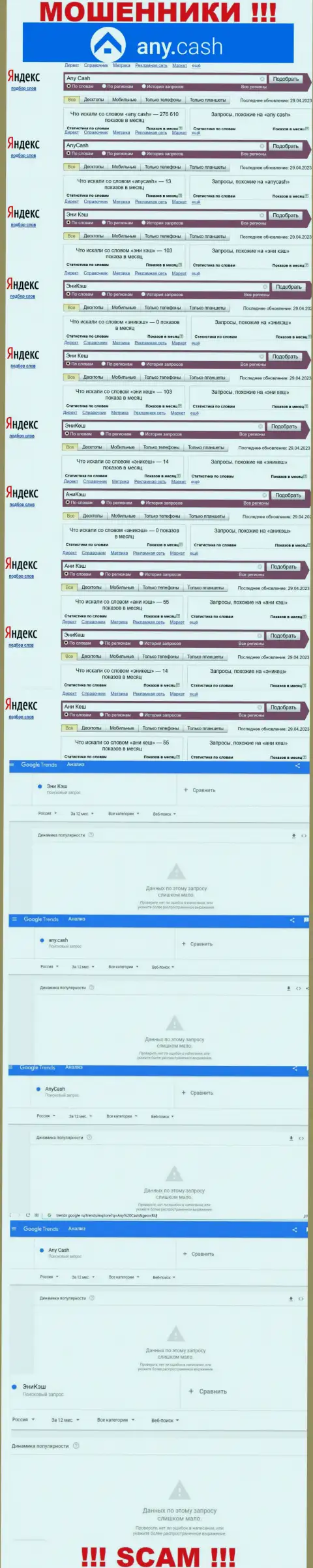 Скриншот статистических сведений online запросов по противоправно действующей конторе АниКэш