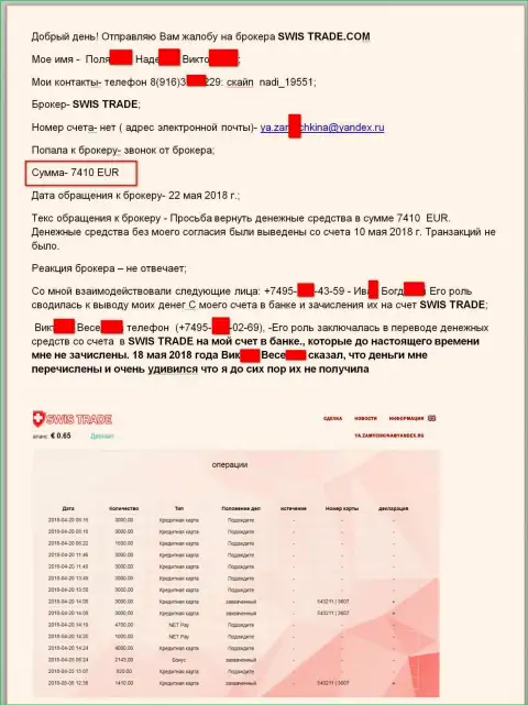 Мошенники из Свис Трейд обворовали forex трейдера на больше чем семь тыс. четыреста десять EUR
